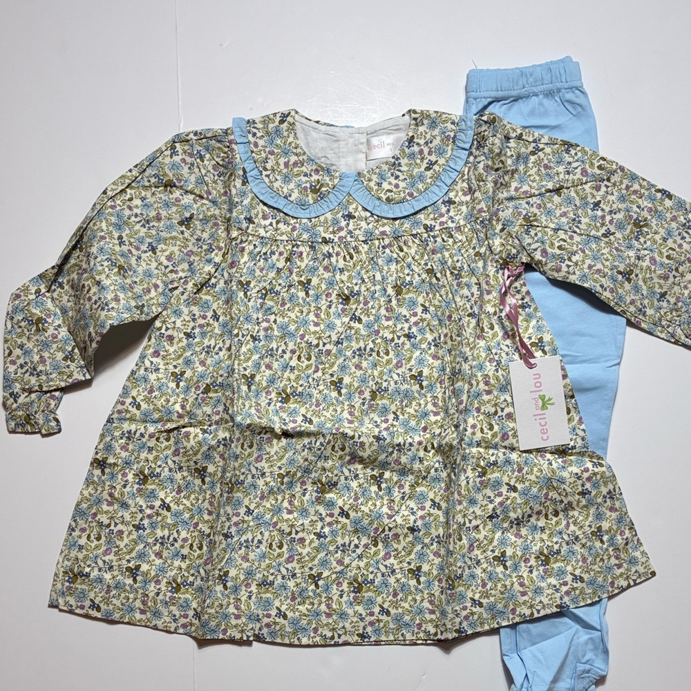 Floral Shirt with Light Blue Knit Pants - Two-Piece Set